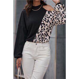 Perfee Two-Tone Leopard Cold Shoulder Top
